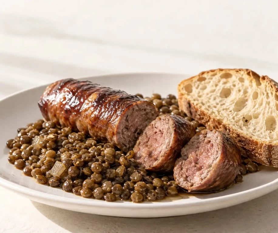 Cuisson figatelli : figatellu corse doré et cuit à cœur avec des lentilles
