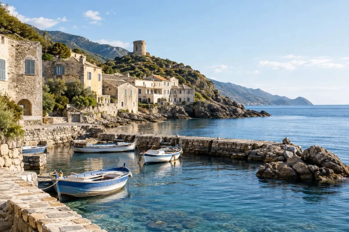 Village corse typique du littoral avec port, tour génoise et maisons en pierre