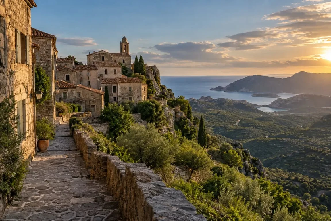 Village corse typique perché entre maisons en pierre, maquis et mer