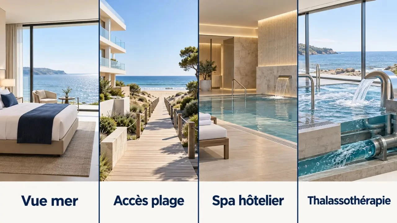 Infographie pour choisir un hôtel spa bord de mer entre vue mer, accès plage, spa hôtelier et thalassothérapie