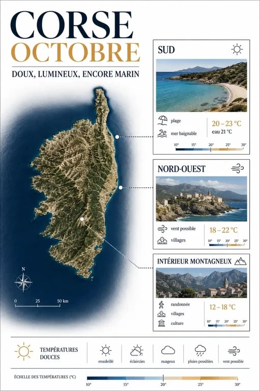 octobre corse : comparaison visuelle des zones du sud, du nord et de l’intérieur pour préparer son séjour