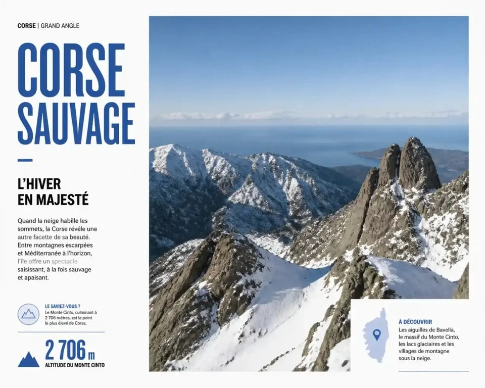 Paysage de montagne enneigé en Corse pour des vacances en février
