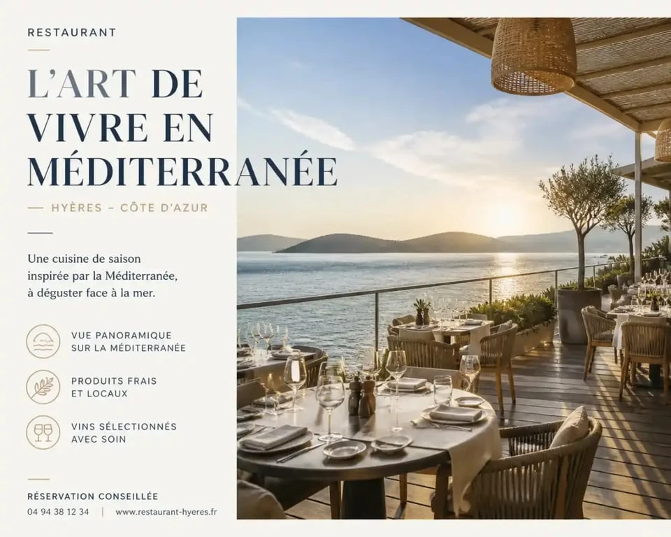 Terrasse de restaurant en bord de mer à Hyères avec vue sur la Méditerranée