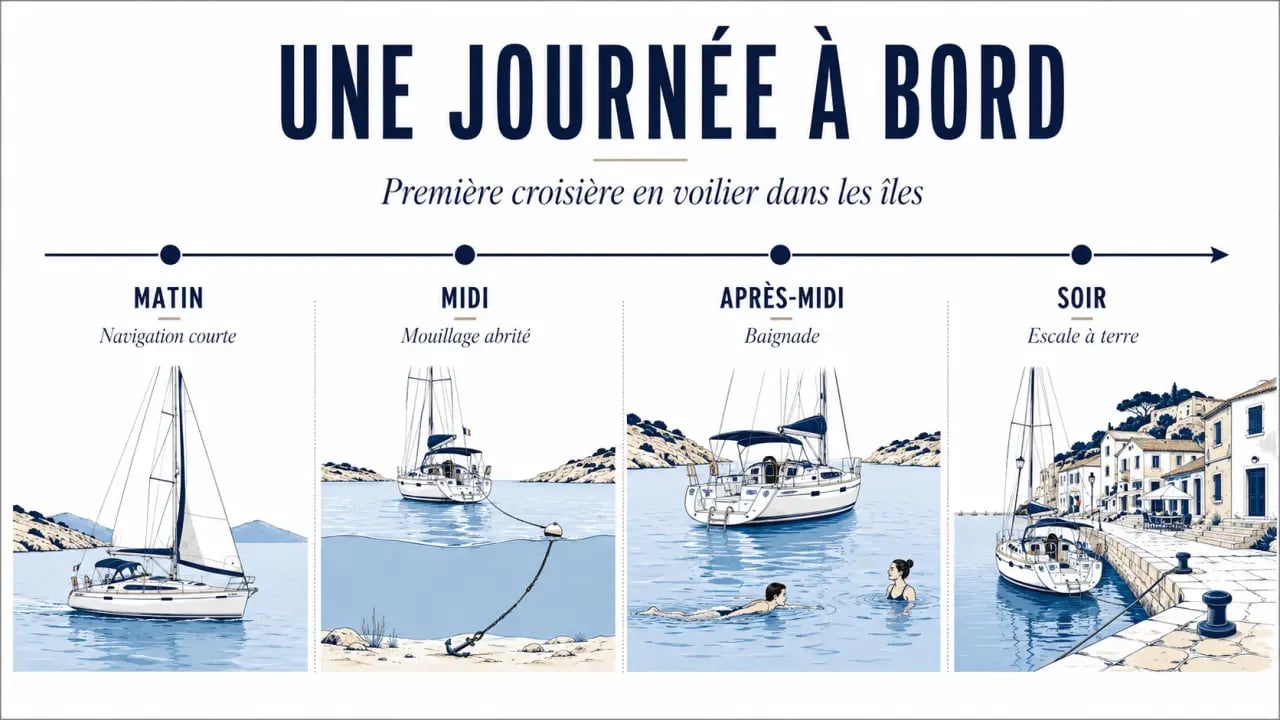 Préparer sa première croisière en voilier dans les îles : journée type entre navigation, mouillage et escale