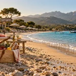 Saint cyprien corse centre ville : plage de Lecci, eau turquoise, serviettes corail, barques et parasols