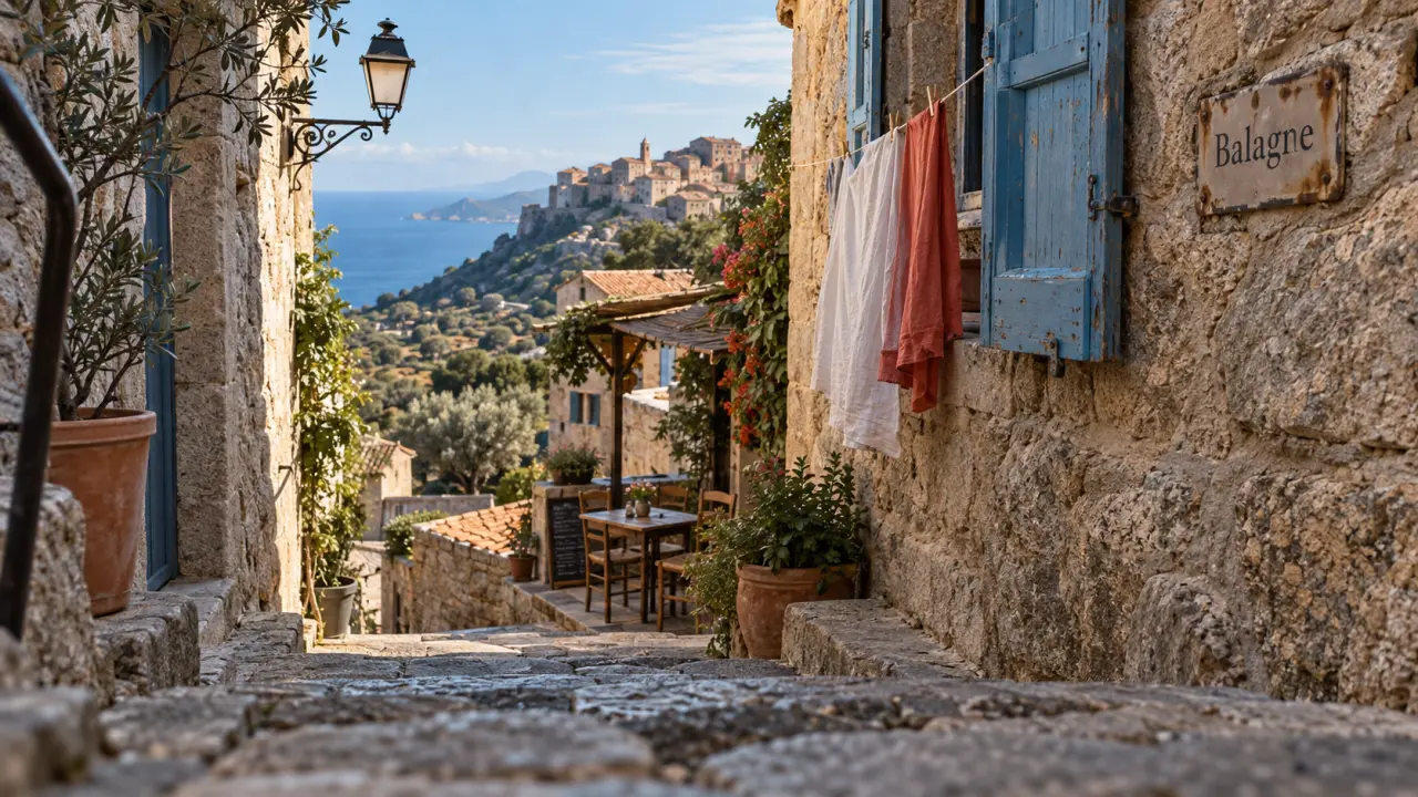 Village corse typique dans une ruelle de pierre, Balagne, mer et montagne