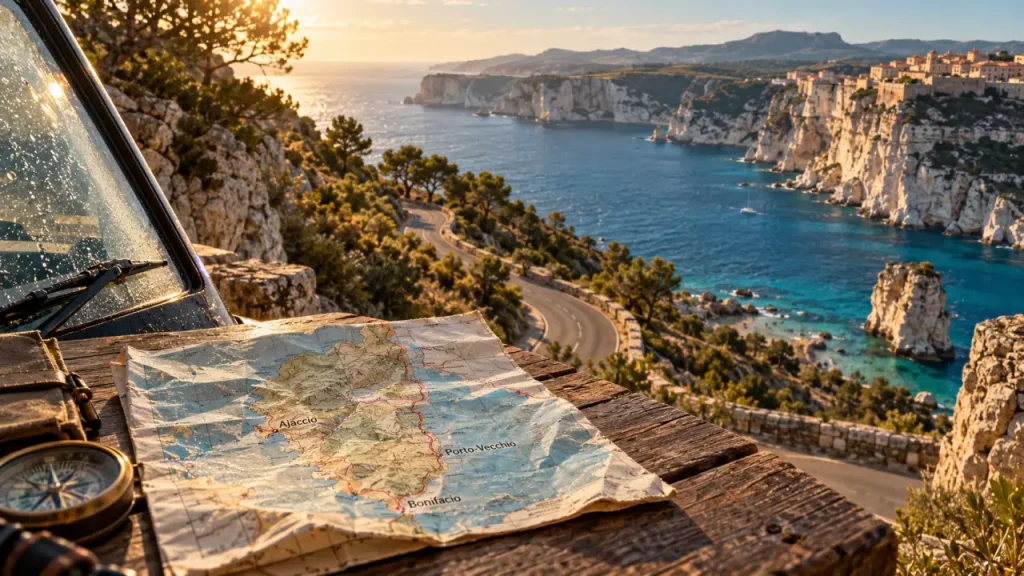 Corse sud : route entre falaises et mer turquoise