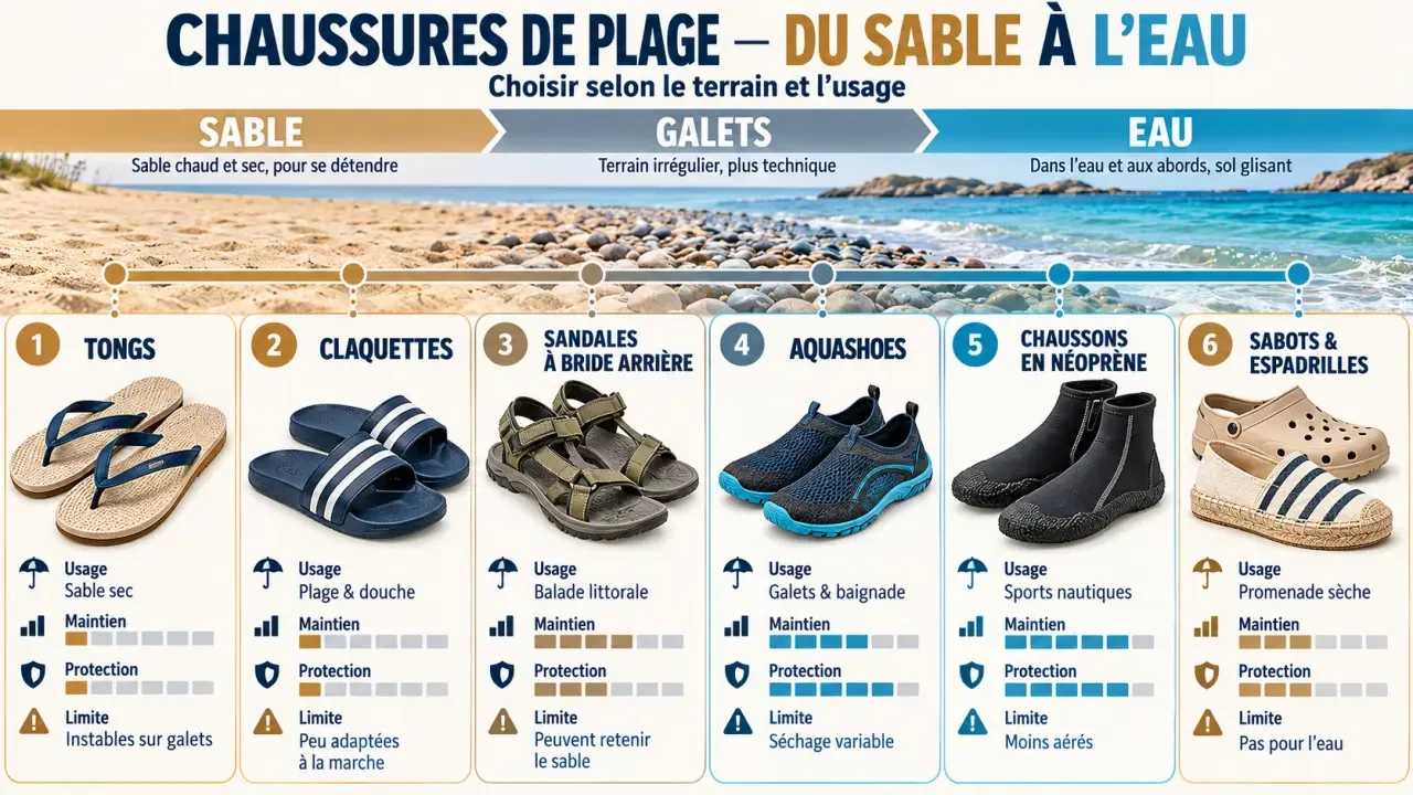 Infographie comparative pour choisir une chaussur plage selon le terrain et l’activité