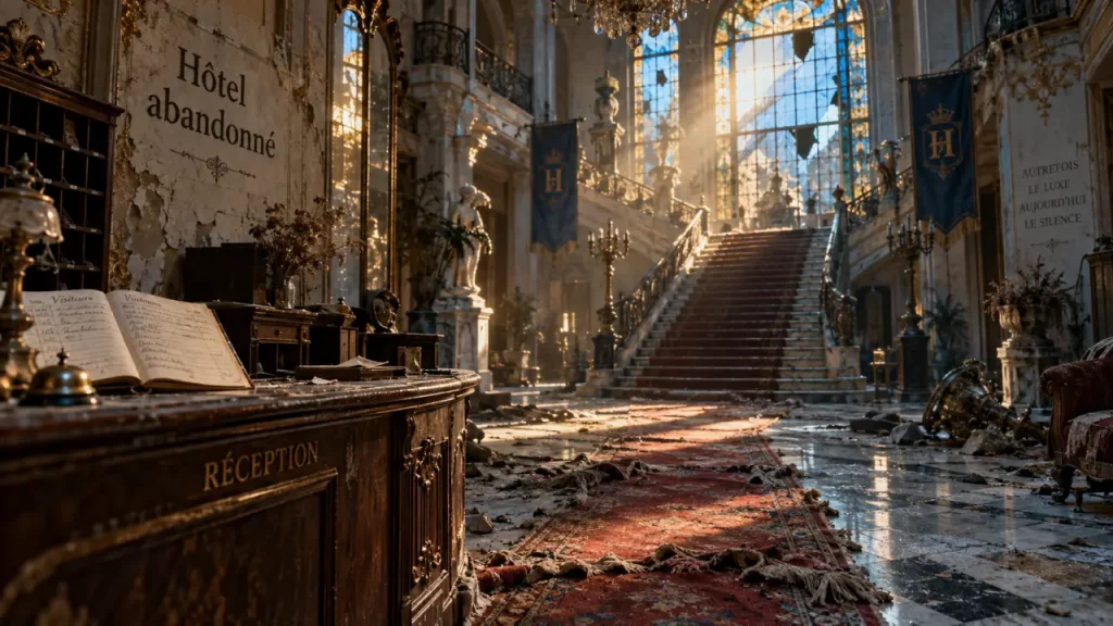 Hotel abandonné : intérieur d’un palace abandonné, réception et escalier en ruine