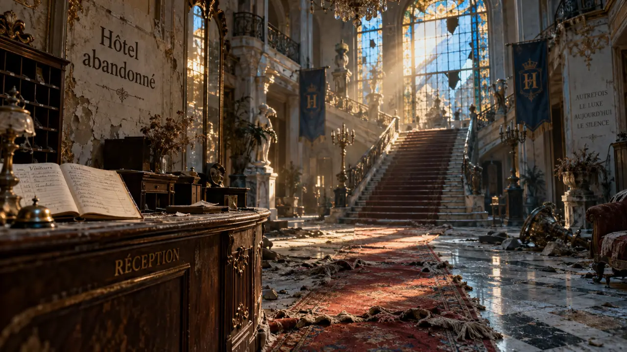Hotel abandonné : intérieur d’un palace abandonné, réception et escalier en ruine