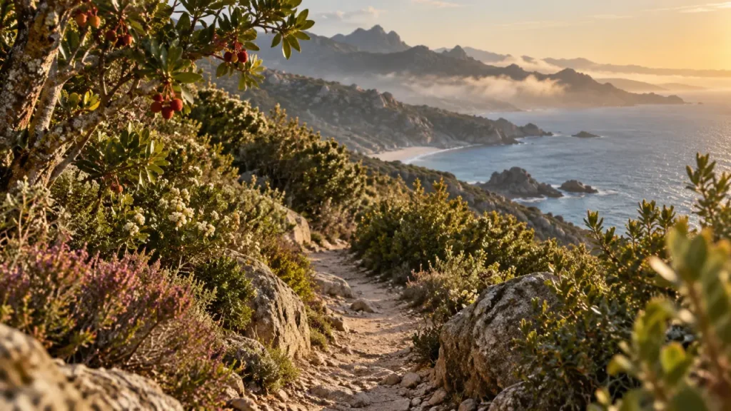 Maquis corse dense : sentier en randonnée parfumée