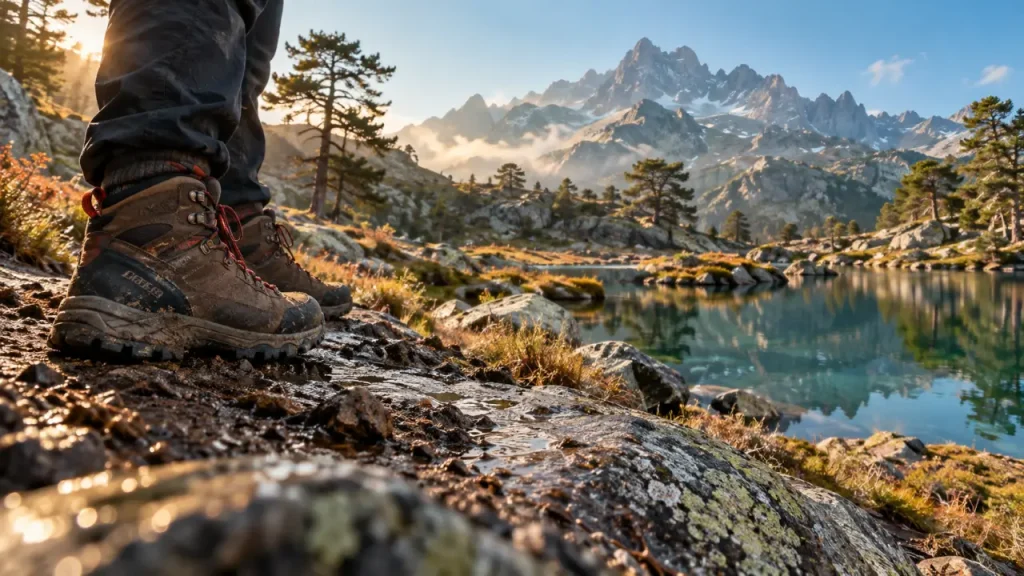 Montagne corse : chaussures de randonnée sur sentier de granite humide