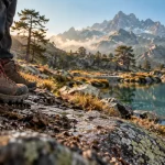 Montagne corse : chaussures de randonnée sur sentier de granite humide