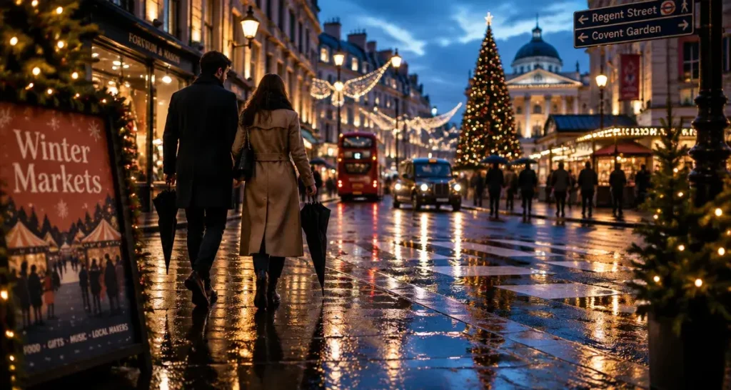 Noël à Londres, rues illuminées et foule évitée, guirlandes la nuit