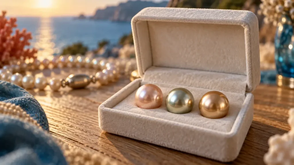 Perle de mer : Akoya, Tahiti et South Sea sur écrin velours
