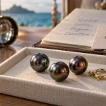 Perle de tahiti noire avec reflets gris, aubergine et bronze