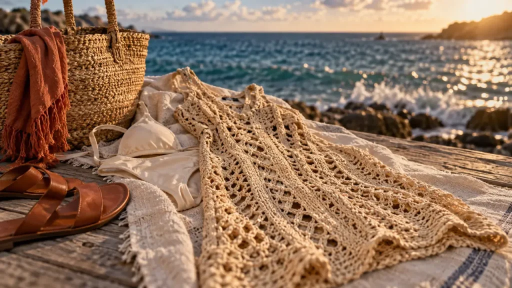 Robe plage crochet ajouré sur serviette en lin écru