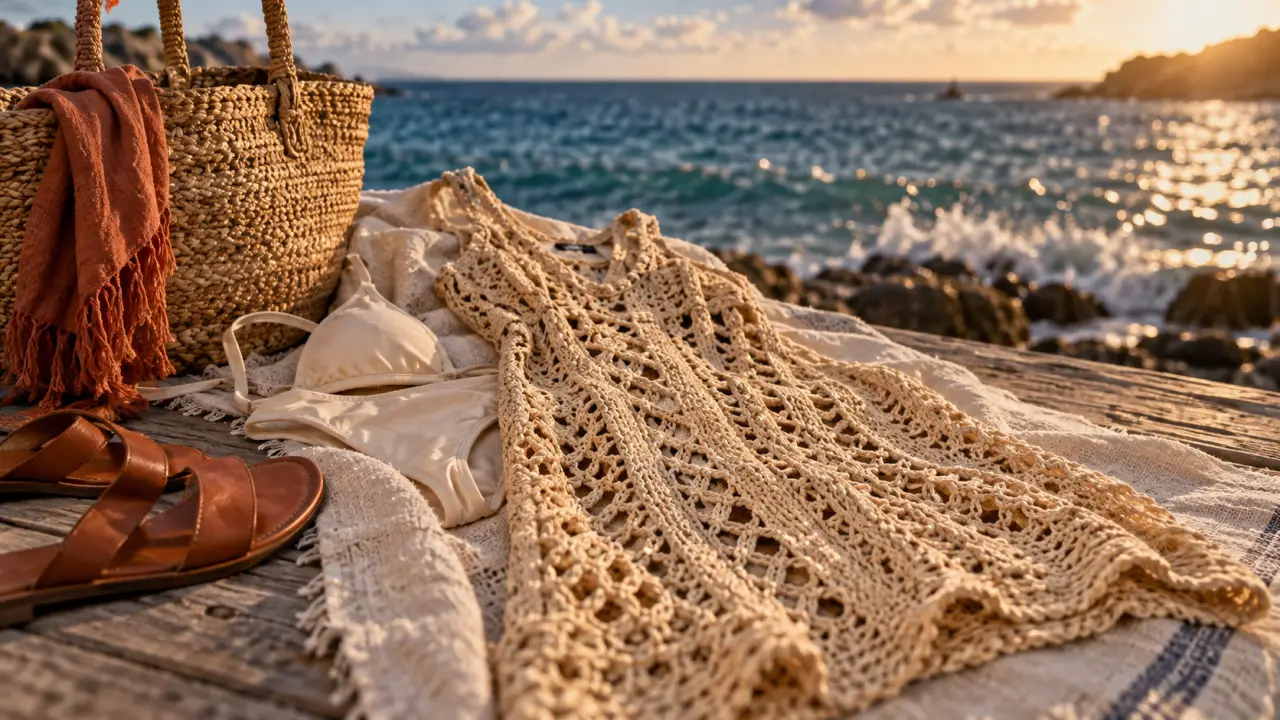 Robe plage crochet ajouré sur serviette en lin écru