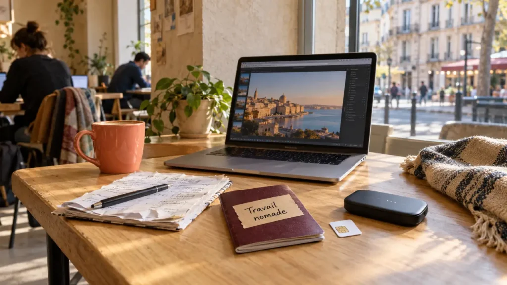 Photo travail nomade : ordinateur et passeport dans un coworking